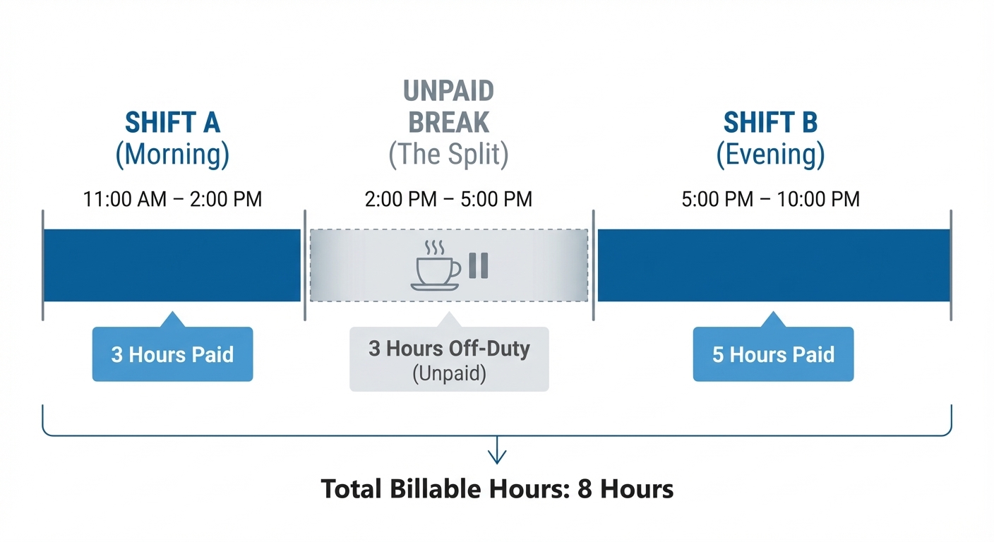 Timeline illustrating a split shift schedule with a long unpaid break between morning and evening work blocks